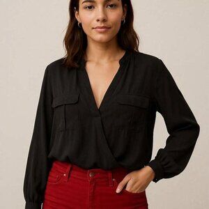 Black ZARA Trafaluc Boho Blouse with Front Pockets and Roll Sleeves size M